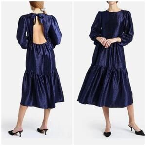 TOPSHOP Open Back Midi Dress Size 8 Midnight Blue Textured Jacquard Boho NWT